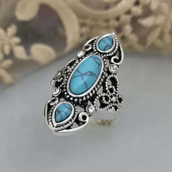 Antique Style Faux Turquoise Scroll Ring Silver Tone Size 8 New - Picture 1 of 9